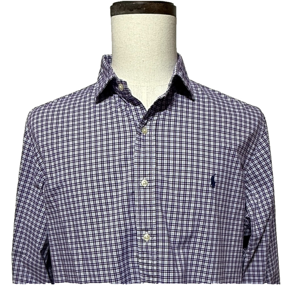 Polo‎ Ralph Lauren Shirt Mens XL Purple Blue Plaid Long Sleeve Stretch Preppy